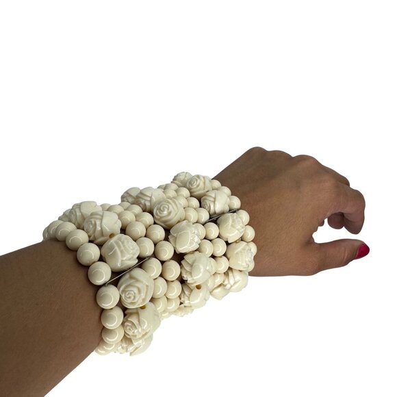 Ivory Rose Beaded Stretch Stacking Bracelets Set Of 3 (9 Rows Total) - Picture 1 of 6
